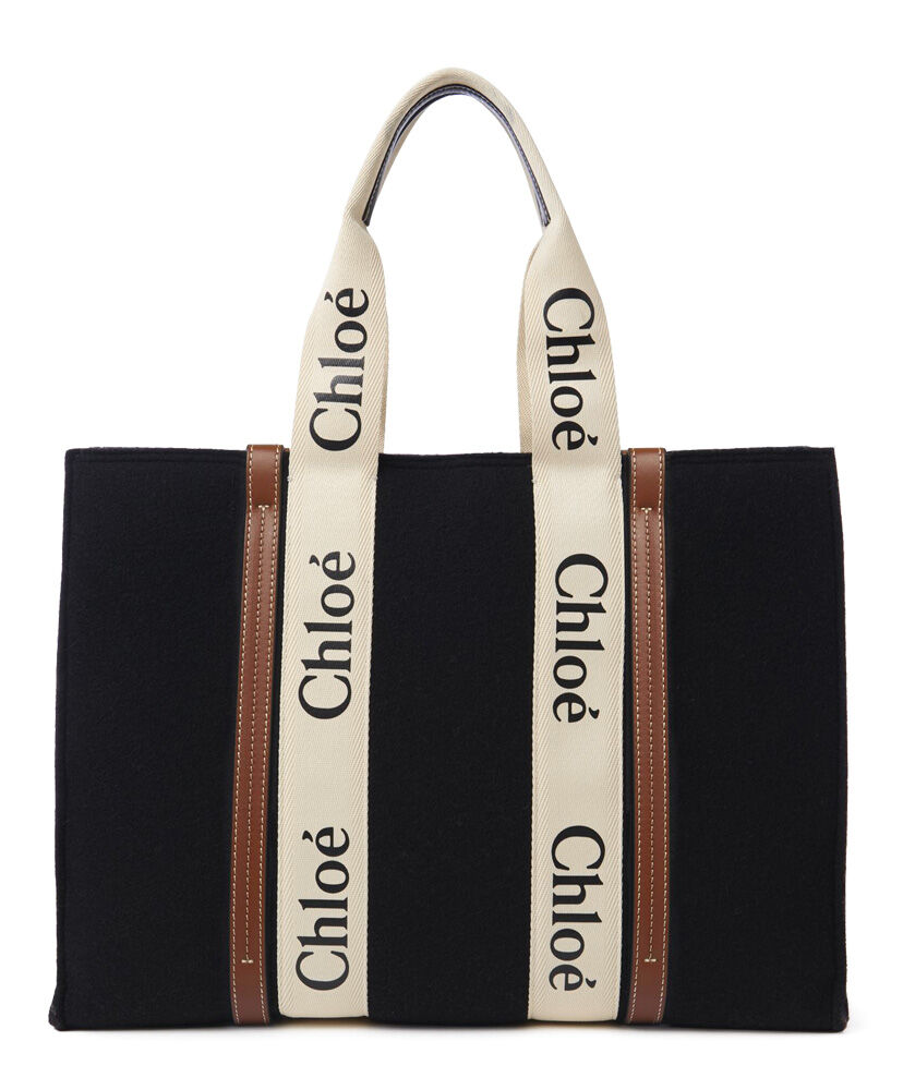 Chloe Large Woody Tote Bag Canvas with Leather Black/Cream